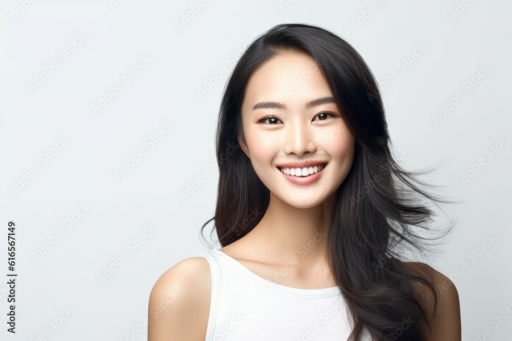 Beauty portrait of a pretty young Asian woman on a light background with selective focus and copy space. AI generated Beauty portrait of a pretty young Asian woman on a light background with selective focus and copy space. AI generated