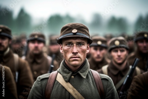 Portrait of a 20th century soldier in the ranks with selective focus. AI generated, human enhanced photo