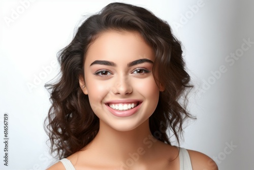 Beauty portrait of a pretty young Brazilian woman on light background with selective focus and copy space. AI generated