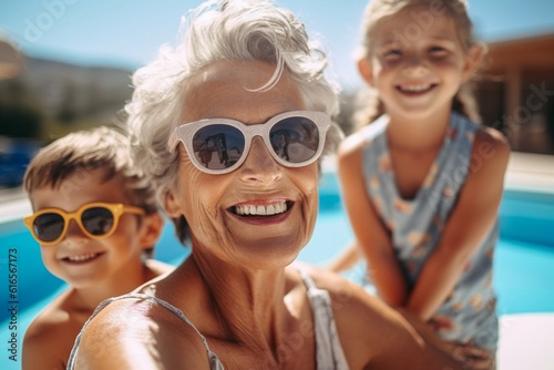 An old woman with her grandchildren on a spa vacation. Background with selective focus. AI generated, human enhanced