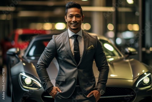 Successful male businessman next to an expensive luxury car. Background with selective focus. AI generated © top images