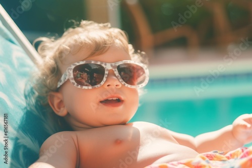 Child on a spa vacation near the pool. Background with selective focus. AI generated, human enhanced