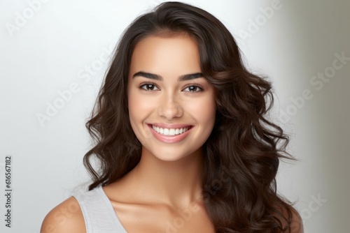 Beauty portrait of a pretty young Mexican woman on light background with selective focus and copy space. AI generated