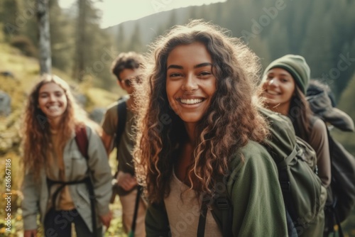 A group of teenagers on vacation in a hike or on an excursion. Background with selective focus. AI generated