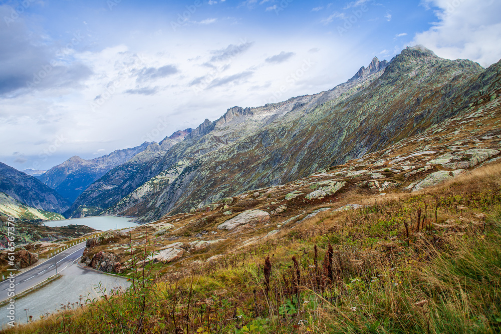 Mountain landscape with lake and high peaks in the Alps, Switzerland