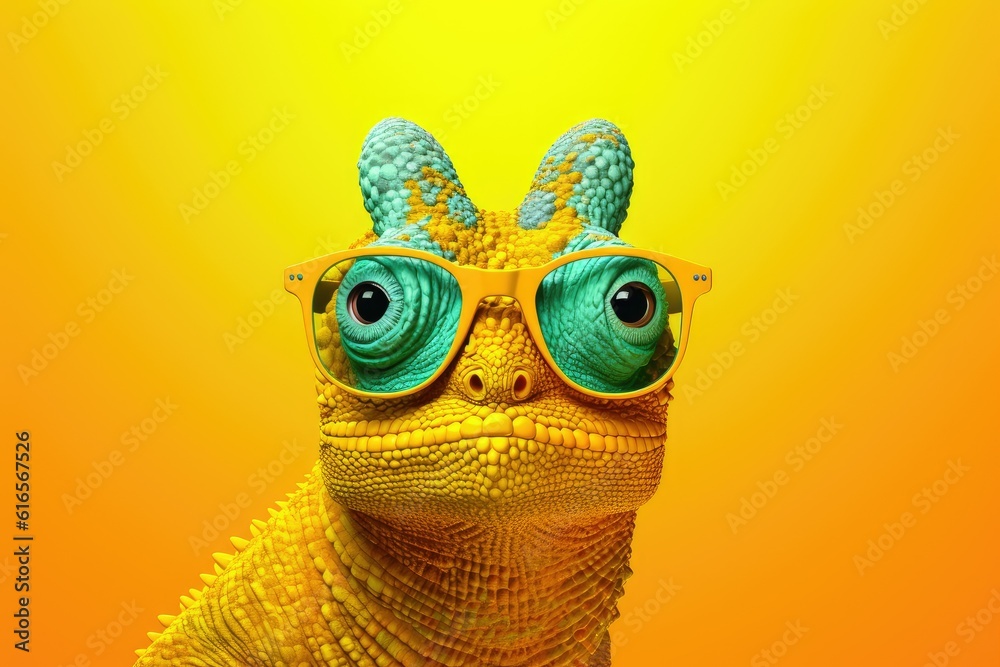 chameleon wearing sunglasses on a solid color background, vector art, digital art, faceted, minimal, abstract. Generative AI. - obrazy, fototapety, plakaty 