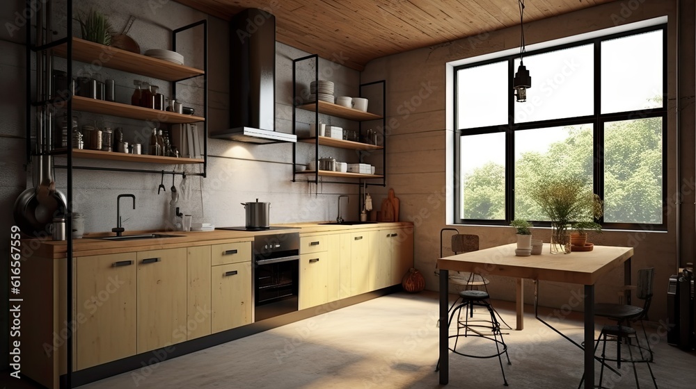 A small kitchen in industrial minimalist interior design style. Industrial kitchen. Generative AI. A small kitchen in industrial minimalist interior design style. Industrial kitchen. Generative AI.