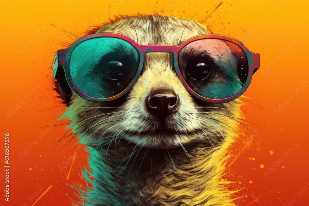 suricata wearing sunglasses on a solid color background, vector art, digital art, faceted, minimal, abstract. Generative AI.