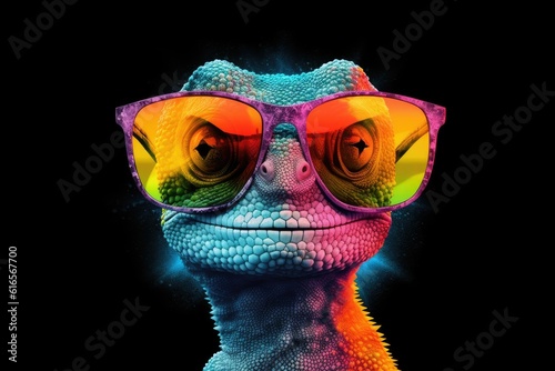 Canvastavla chameleon wearing sunglasses on a solid color background, vector art, digital art, faceted, minimal, abstract