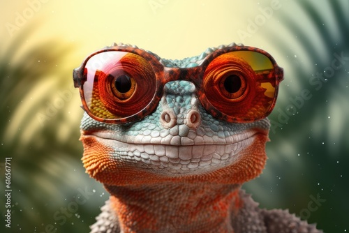 chameleon wearing sunglasses on a solid color background  vector art  digital art  faceted  minimal  abstract. Generative AI.