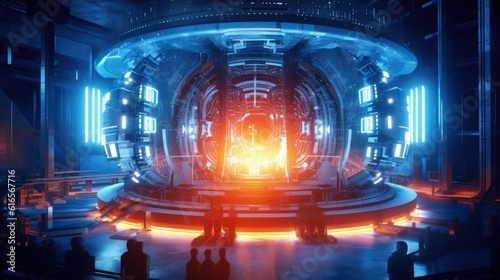Research energy facility. Test operations of a nuclear fusion generator. A circular chamber glowing with high energy. Generative AI.