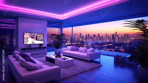 Photo of luxury skyscraper with spacious living room with a modern white sofa and kitchen with purple LED lights, floor to ceiling windows, panoramic views of the city skyline. generative AI. © andrenascimento