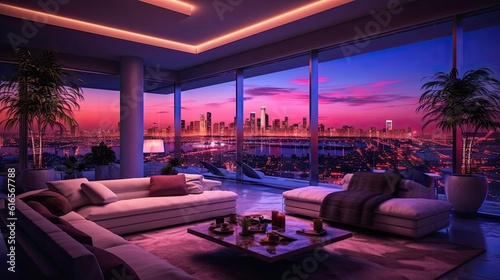 Photo of luxury skyscraper with spacious living room with a modern white sofa and kitchen with purple LED lights, floor to ceiling windows, panoramic views of the city skyline. generative AI. © andrenascimento