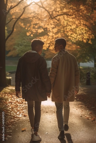 A gay couple on a romantic walk in the park Generative AI. 