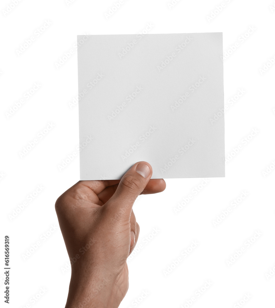 Man holding sheet of paper on white background, closeup. Mockup for design Man holding sheet of paper on white background, closeup. Mockup for design