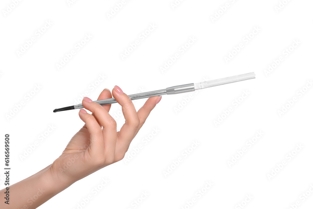 Woman holding long cigarette holder isolated on white, closeup Woman holding long cigarette holder isolated on white, closeup
