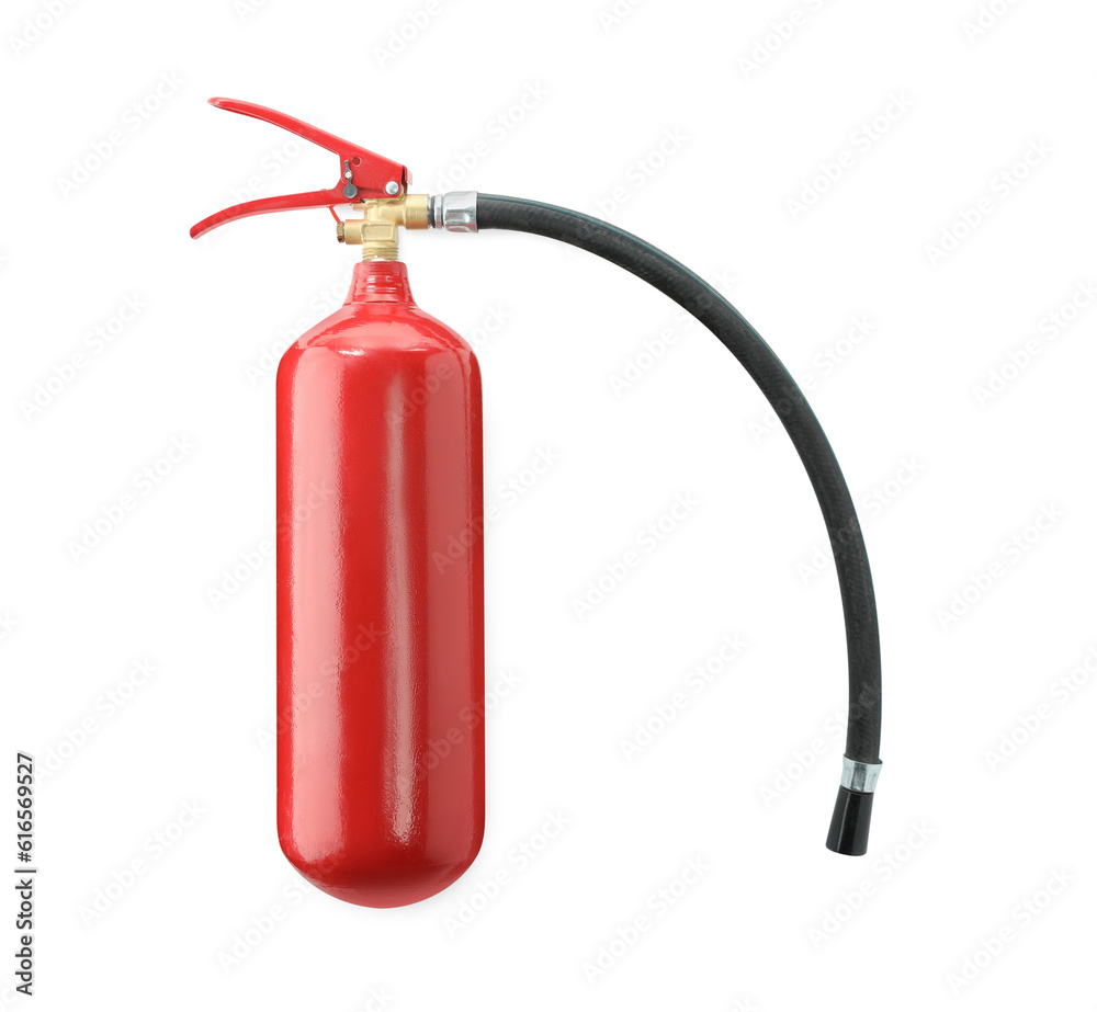 One red fire extinguisher on white background One red fire extinguisher on white background