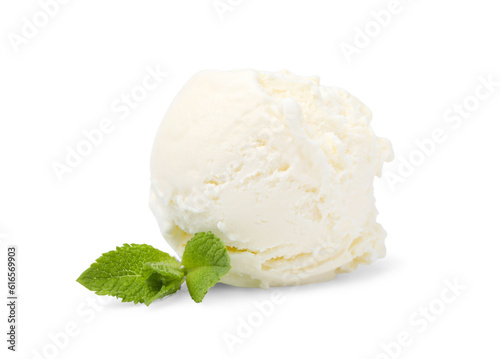 Scoop of delicious vanilla ice cream with mint isolated on white