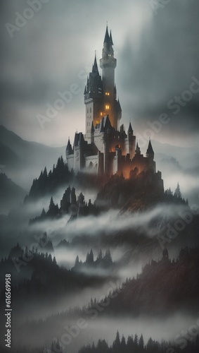 Castle on a hill. Epic foggy landscape. Generative AI