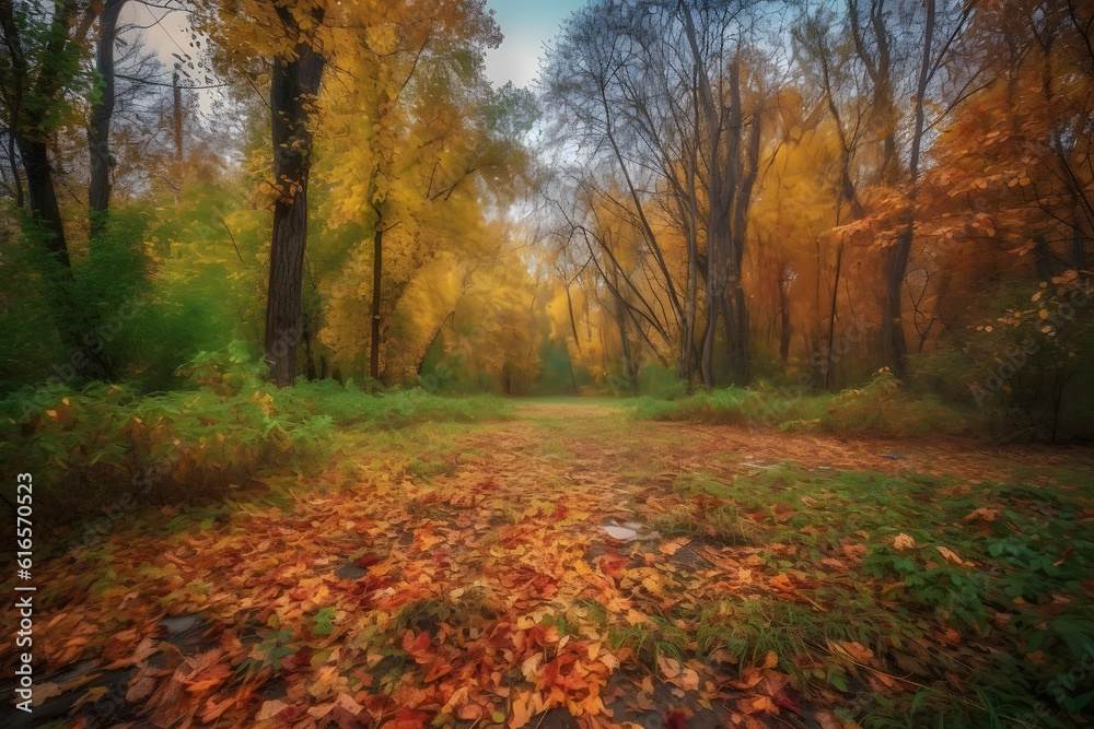 Fototapeta premium Beautiful fall landscape at park with orange and yellow trees, Generative AI