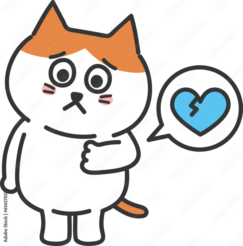 Orange tabby cartoon cat has a heartache, vector illustration.