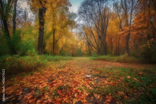 Beautiful fall landscape at park with orange and yellow trees, Generative AI