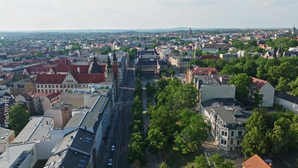 Drone shot of Fahnenmonument . The flag monument at the Hansering in Halle (Saale) , Germany is a monument erected in 1967 and dedicated to the Russian October Revolution. Drone shot of Fahnenmonument . The flag monument at the Hansering in Halle (Saale) , Germany is a monument erected in 1967 and dedicated to the Russian October Revolution.