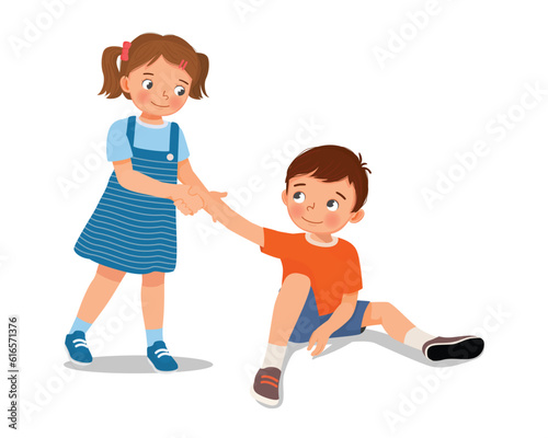 little girl helping boy to stand up showing kindness