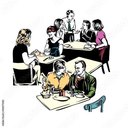 people in a cafe or restaurant chatting and eating