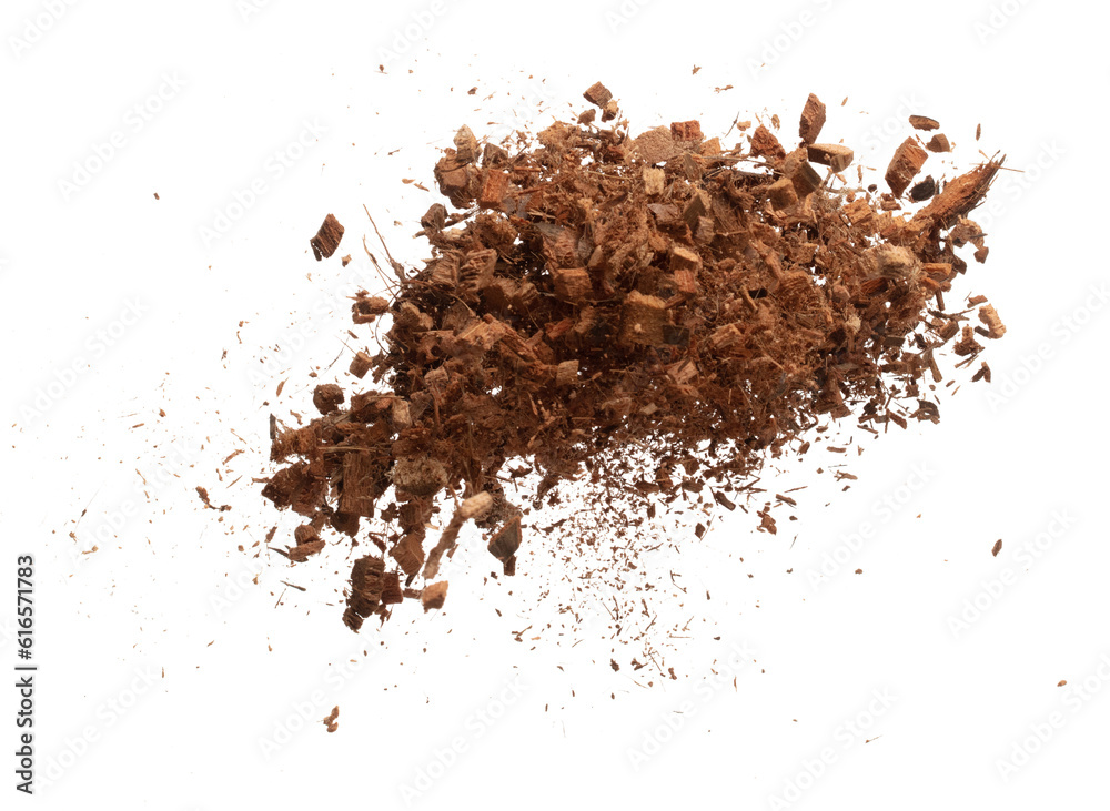 Coconut peel husk flying explosion, coconut chopped medium M size abstract fall down garden. Coconut shell peel fertilizer splash throwing in Air. White background Isolated high speed shutter, freeze Coconut peel husk flying explosion, coconut chopped medium M size abstract fall down garden. Coconut shell peel fertilizer splash throwing in Air. White background Isolated high speed shutter, freeze