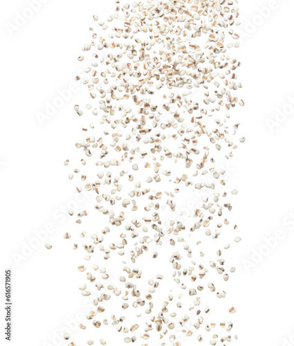 Job's Tear flying explosion, white grain job tear float abstract cloud fly. Beautiful job's tear splash stop in air, food object design. White background isolated high speed shutter freeze motion