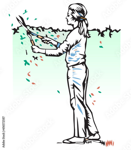 woman trimming hedge with shears