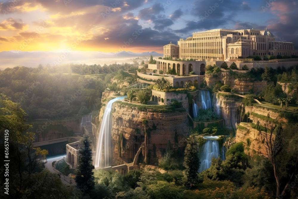 美しい城と滝,Generative AI AI画像