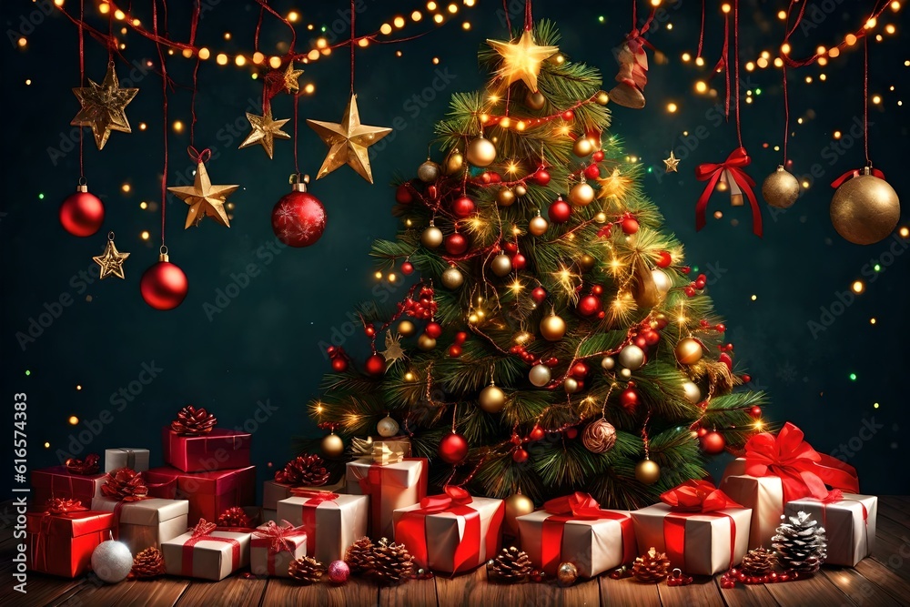 Christmas tree with colorful decoration of Xmas objects and gift boxes made with Generative AI