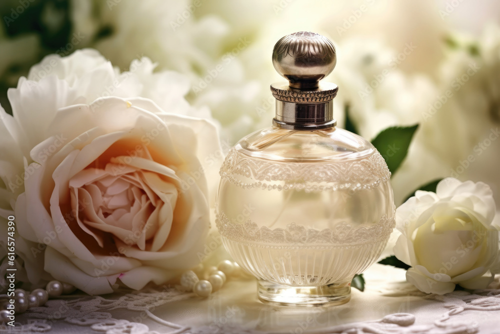 bottle of perfume on a background of white roses. ai generative bottle of perfume on a background of white roses. ai generative