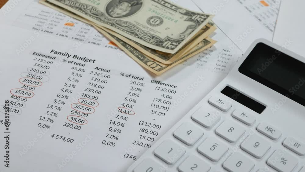 Calculating domestic utility bills. Costs, incomes, expenses. Accountant conduct financial inspection. Finance management concept. Calculator, paperwork, dollar money bills