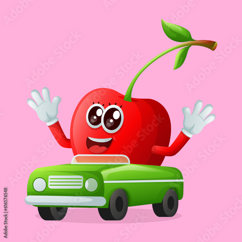 Cute cherry character playing with car toy