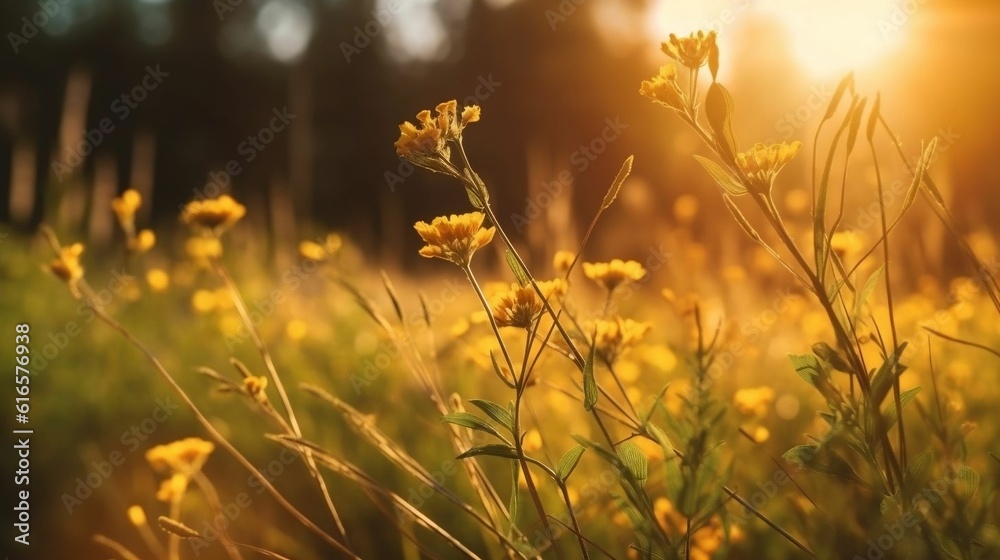 Golden Meadow: Tranquil Sunset Field of Flowers