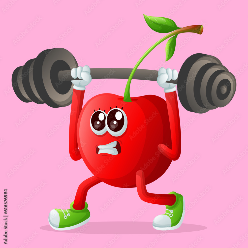 Cute cherry character lifting weights Cute cherry character lifting weights