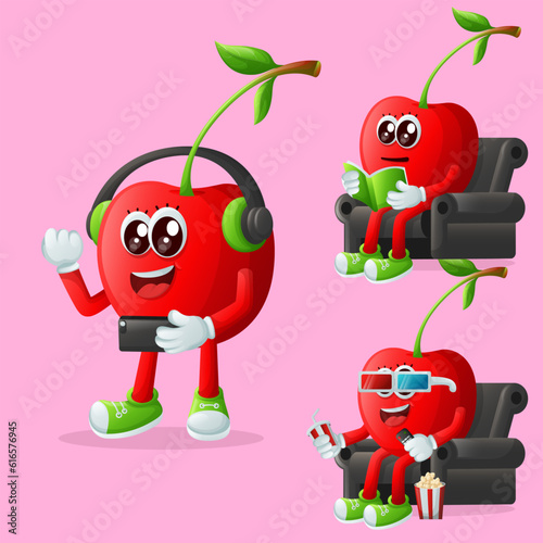 Cute cherry characters enjoying leisure activities