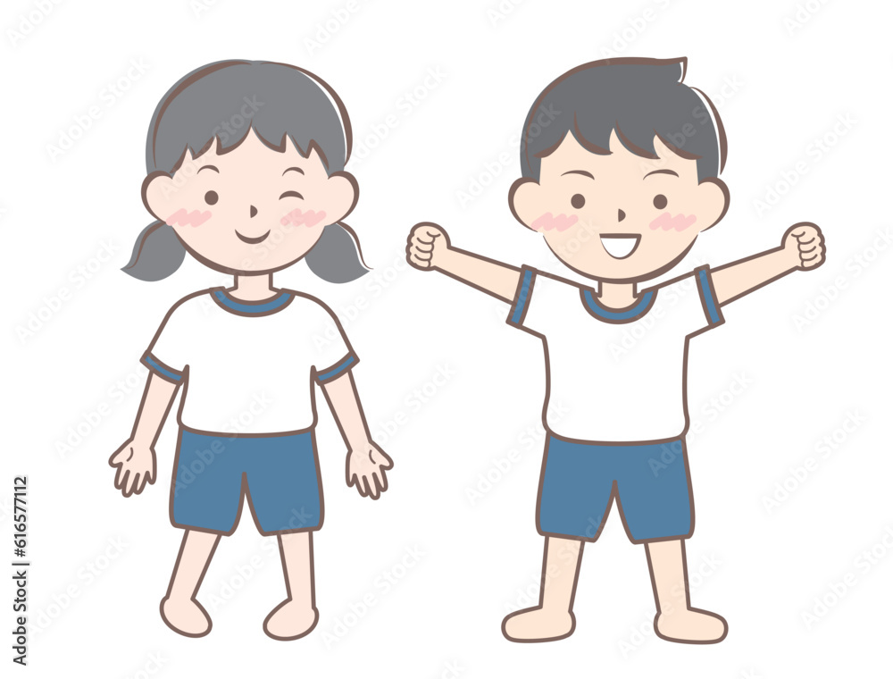 体操服の子供たち 全身 素足 裸足 体操服の子供たち 全身 素足 裸足