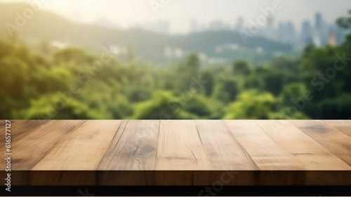 Landscape beauty reflected on empty wooden table