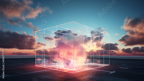 cloud in glass cube cloudscape, digital metaverse infrastructure. Generative AI