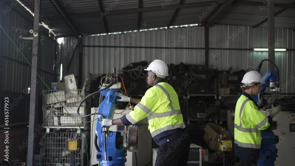 Engineer work at robotic arm factory. Engineer work at robotic arm factory.