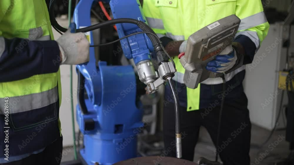 Engineer work at robotic arm factory. Engineer work at robotic arm factory.
