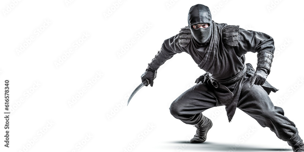 Ninja warrior in a fighting stance and on an isolated white background. Generative AI