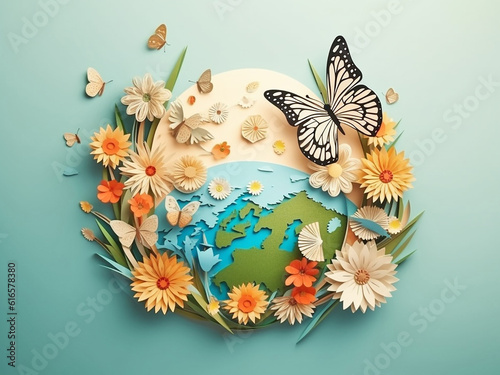 An image of the planet Earth made of paper framed by butterflies and flowers. Generative AI