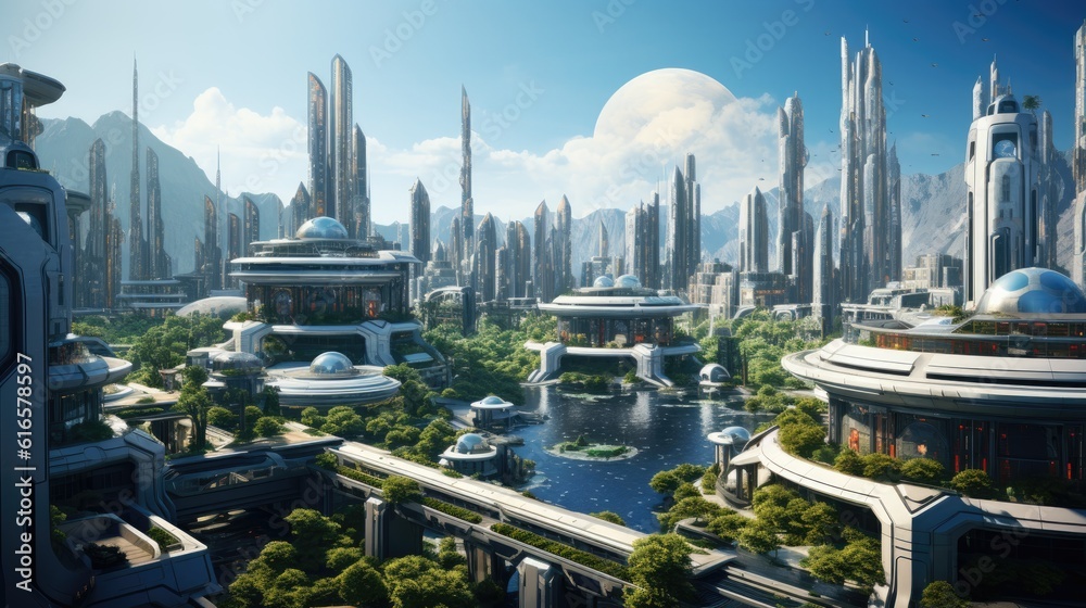 Bustling futuristic metropolis with advanced technology background. Created with Generative AI technology