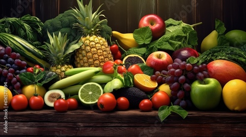 Bright composition of vegetables and fruits on a wooden background. Created with Generative AI technology