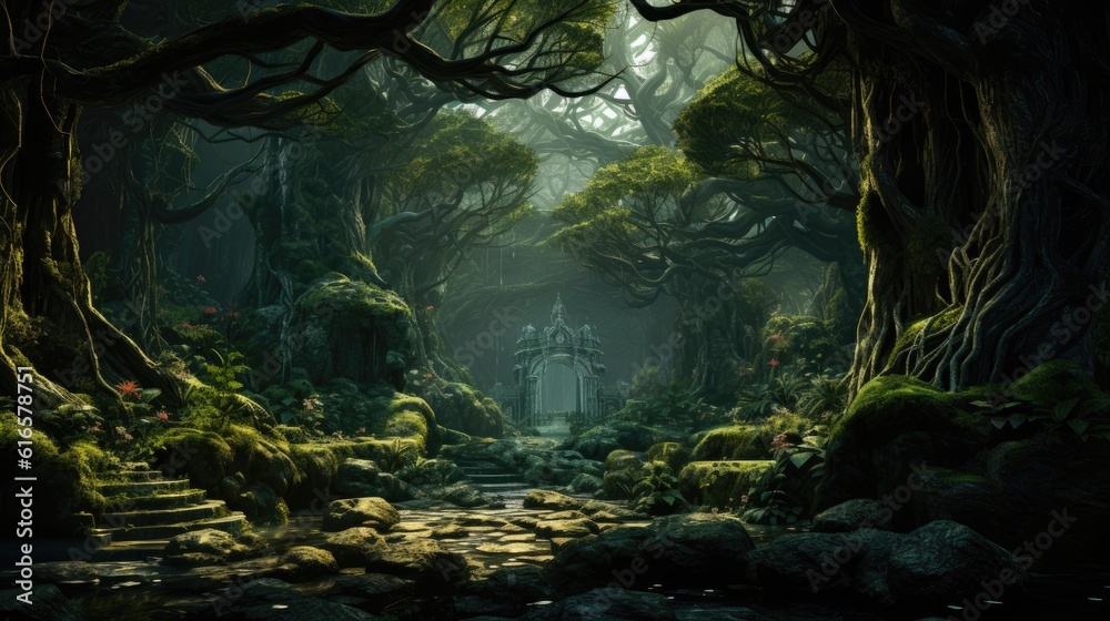 N ancient mystical forest with tall twisted trees background. Created with Generative AI technology